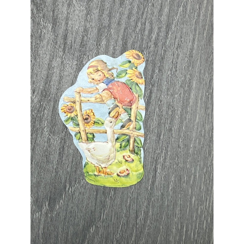 Vintage Die Cut Scrap Girl Goose Sunflowers Farm Scene Ephemera